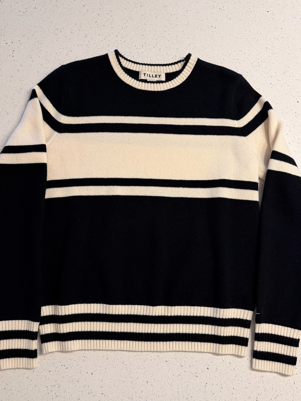 Tilley Women’s Black & Cream Striped Crewneck Sweater